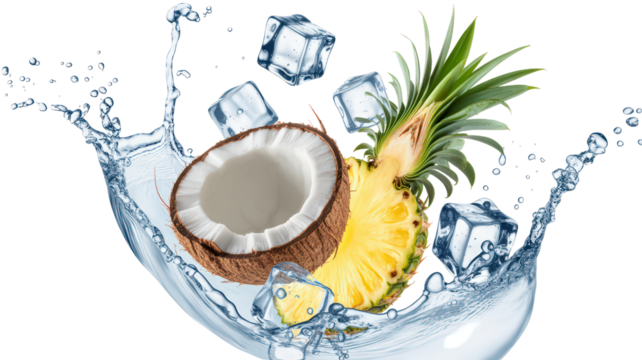 Tropical Splash of Coconut Pineapple and Ice Cubes Isolated on Transparent Background Illustrates Refreshing Summer Vibe and Natural Combination for a Healthy Drink