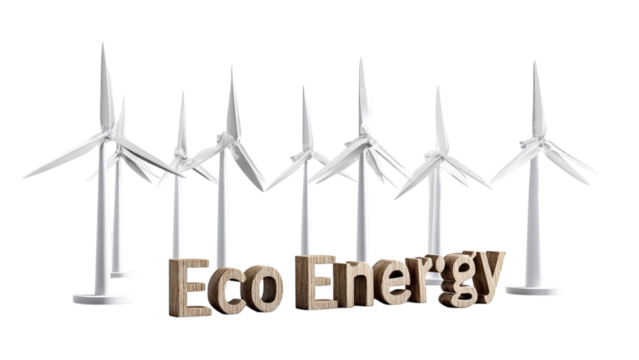PNG of A group of wind turbines alongside the phrase 'Eco Energy', symbolizing renewable energy advancement.