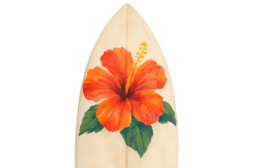 Surfboard with vibrant orange hibiscus flower design, evoking summer, surfing, and tropical hawaiian beach vibes