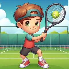 cartoon boy tennis player hit the ball
