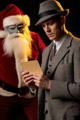 Man in vintage suit examines a list while a mysterious figure in a Santa costume looms behind, creating a suspenseful holiday atmosphere with dramatic lighting