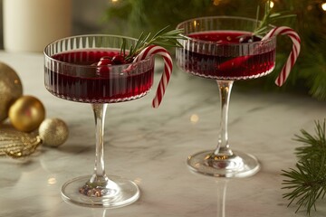 Luxurious close-up of festive cocktails with red cranberry drink, candy cane garnish, and holiday decorations, creating a warm and inviting atmosphere for celebrations
