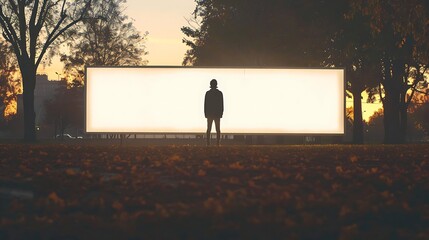 Solitary figure stands before a large illuminated outdoor display panel during twilight