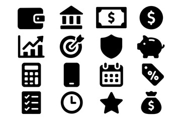 Financial icons set: wallet, bank, currency, investment, and security symbols