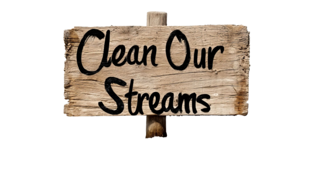 PNG of Wooden sign advocating for cleaner waterways and sustainable practices.