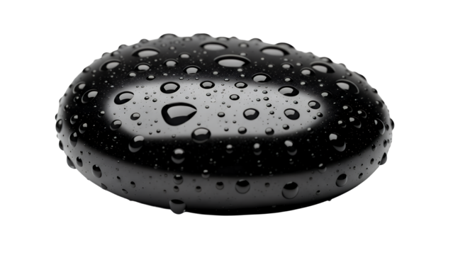 Elegant smooth black stone, beautifully adorned with fresh, glistening water droplets, symbolizing purity and calmness, captured and isolated on transparent background
