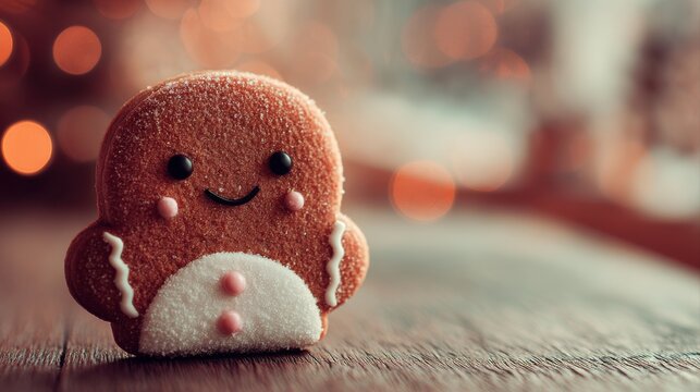 A cheerful gingerbread cookie with a smiling face sits on a wooden surface, surrounded by softly blurred festive lights, Christmas background with doodles