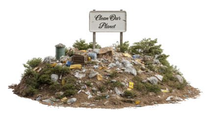 PNG of A hill of waste littered with trash, portraying an urgent call to action: 'Clean Our Planet'.