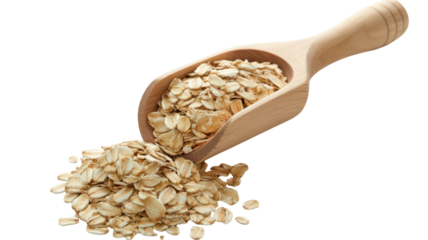 Nutritious Oat Flakes Falling Out of Wooden Scoop as Fiber Rich Food for Healthy Lifestyle in Still Life Photography and Agriculture Concept on Transparent Background