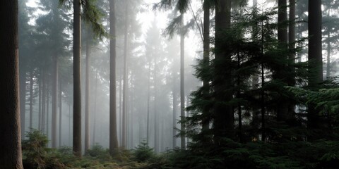 Misty forest morning with tall trees and lush greenery in foggy woodland setting