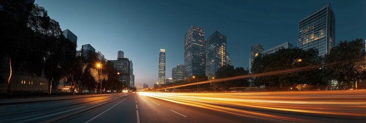 Bustling urban nightscape with skyscrapers and light trails in modern city