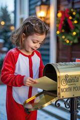 Young girl in festive red pajamas joyfully placing a letter into a golden mailbox labeled Santa's North Pole, surrounded by holiday decorations and a snowy landscape