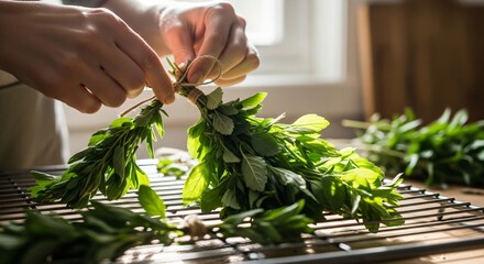 Close-up of a person's hands tying a bundle of fresh green herbs with string over a wire rack.