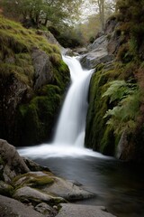 Fototapeta premium Tranquil waterfall cascade in lush forest setting with moss-covered rocks
