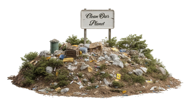 PNG of A hill of waste littered with trash, portraying an urgent call to action: 'Clean Our Planet'.