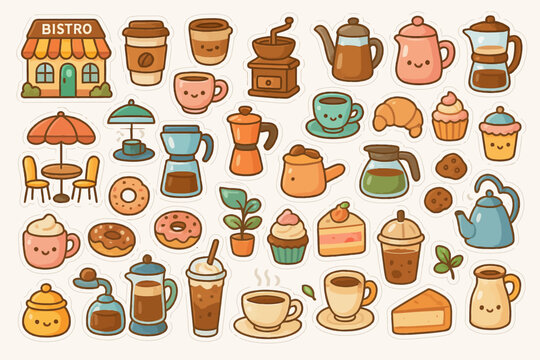 Cute coffee shop stickers featuring adorable kawaii drinks and pastries
