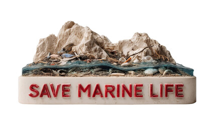 PNG of A striking model depicting marine pollution, featuring a coastline and the message 'Save Marine Life' in bold red letters.