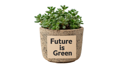 PNG of A vibrant green succulent in a speckled pot with the phrase 'Future is Green' displayed on a label.