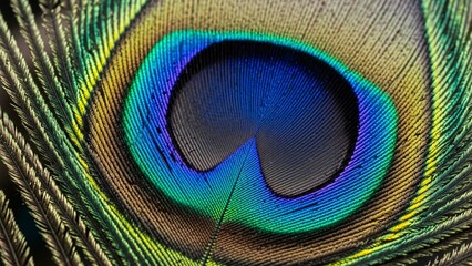 Naklejka premium A close-up shot revealing the intricate details and iridescent colors of a peacock feather's eye pattern.