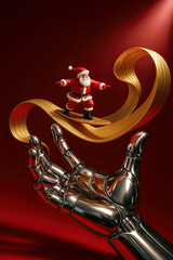 Santa Claus in red suit balances on a golden wave, held by a metallic robotic hand, creating a whimsical and futuristic holiday scene with vibrant colors and dynamic composition