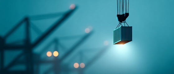 Cargo container suspended by crane at dusk in a foggy industrial port with blurred background lights and structures