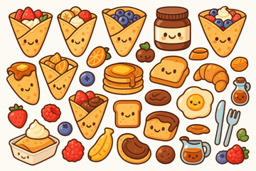 Cute breakfast food characters with faces: pancakes, toast, crepes, and fruit variety
