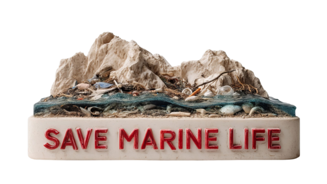 PNG of A striking model depicting marine pollution, featuring a coastline and the message 'Save Marine Life' in bold red letters.