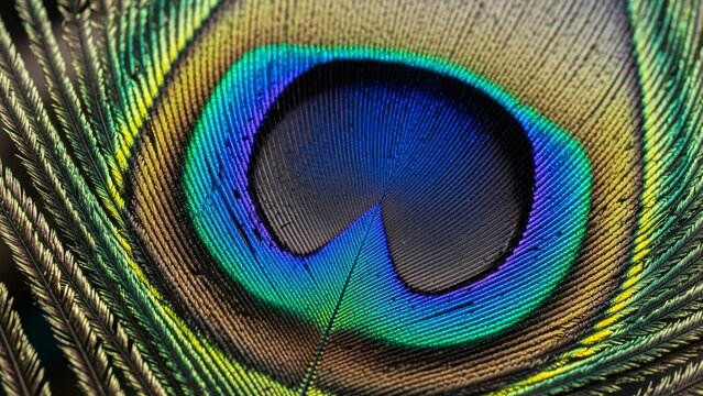 A close-up shot revealing the intricate details and iridescent colors of a peacock feather's eye pattern.