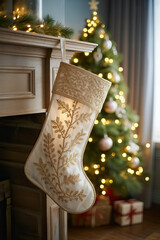 Elegant Christmas stocking adorned with intricate embroidery hangs from a rustic fireplace, surrounded by a beautifully decorated tree and warm holiday ambiance