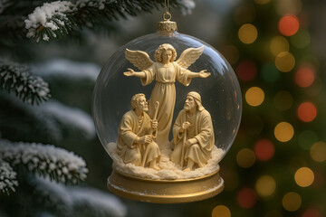 Angel snow globe ornament featuring three figures in a serene scene, surrounded by soft snow and warm bokeh lights, perfect for holiday decorations and festive ambiance