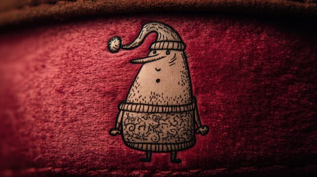 A quirky cartoon character wearing a festive hat and sweater, embossed on a rich red background, exuding a playful and whimsical vibe, Christmas background with doodles