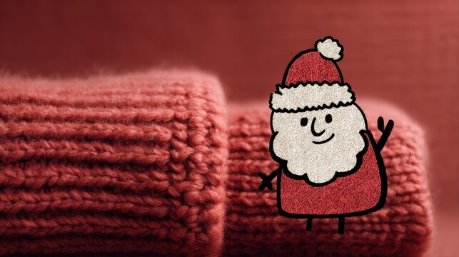 A cozy, festive scene featuring a knitted red fabric and a cheerful Santa character, perfect for the holiday season, Christmas background with doodles