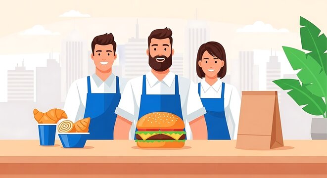 Smiling Restaurant Workers Displaying Fast Food Options and Fresh Bakery Items