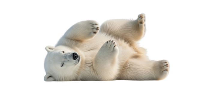 Cute polar bear cub lying on its back isolated PNG with Transparent Background