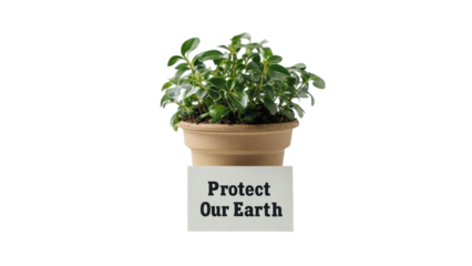 PNG of A vibrant green plant in a terracotta pot with a message to protect the Earth, symbolizing environmental awareness.