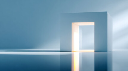 Minimalist white cube structure with illuminated open doorway casting reflections on glossy floor in soft blue ambient light