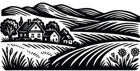Hand drawn illustration of houses and rolling agricultural fields landscape. © Alex