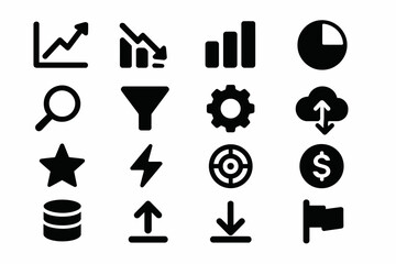 Set of business and data analytics icons including graphs and tools
