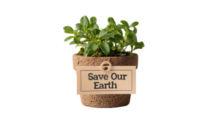 PNG of Eco-friendly plant in a cork pot with a tag reading 'Save Our Earth', symbolizing sustainability and environmental care.