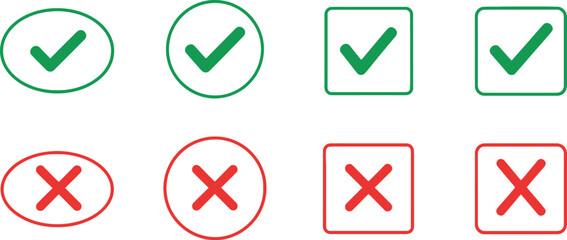 Hand drawn check mark and cross mark icons in various shapes