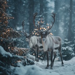 Naklejka premium Reindeer standing in snowy forest with magical Christmas lights. Reindeer standing in deep snow, illuminated by magical Christmas lights in a winter forest