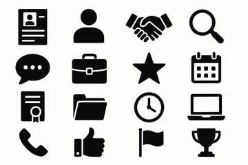 Business and office icon set featuring communication, organization, and achievement symbols
