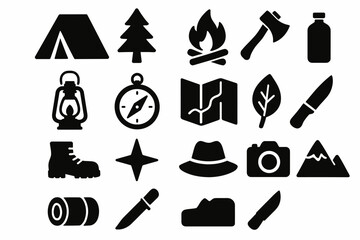 Fototapeta premium Outdoor adventure symbols: camping, hiking, exploration icons collection