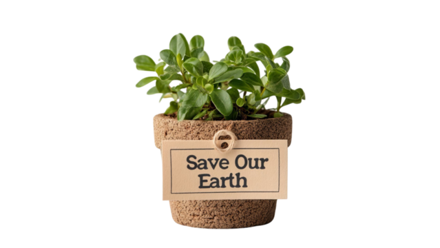 PNG of Eco-friendly plant in a cork pot with a tag reading 'Save Our Earth', symbolizing sustainability and environmental care.