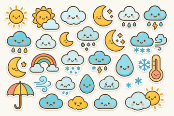 Cute weather-themed stickers with suns, clouds, moons, and rainbows for kids