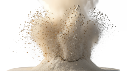 Explosive cloud of fine white powder or flour bursting upwards in dynamic motion, scattering particles and creating a dramatic abstract effect, isolated on transparent background