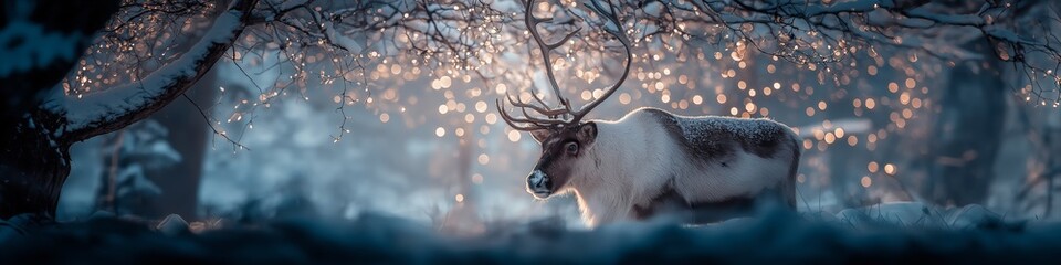 Naklejka premium Reindeer standing in snowy forest with magical Christmas lights. Reindeer standing in deep snow, illuminated by magical Christmas lights in a winter forest