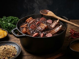 Fototapeta premium Traditional Brazilian Feijoada Stew in Rustic Pot with Side Dishes.