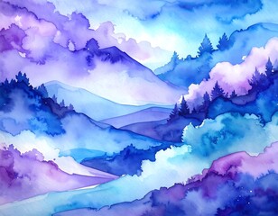Watercolor mountain range landscape in blue and purple hues illustration