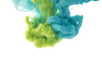 Colorful Paint Cloud Forming Beautiful Shape Green Blue Tones Mixing In Water Creating Artistic Abstract Liquid Art Background Isolated On Transparency